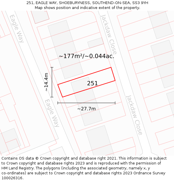 251, EAGLE WAY, SHOEBURYNESS, SOUTHEND-ON-SEA, SS3 9YH: Plot and title map