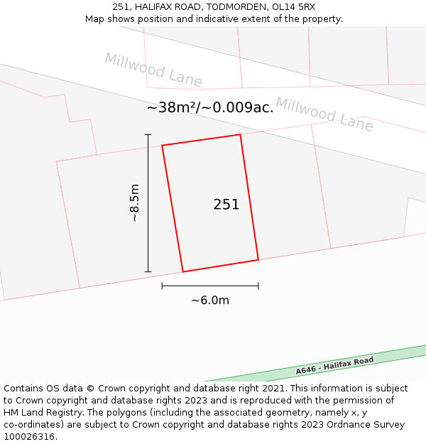 251, HALIFAX ROAD, TODMORDEN, OL14 5RX: Plot and title map