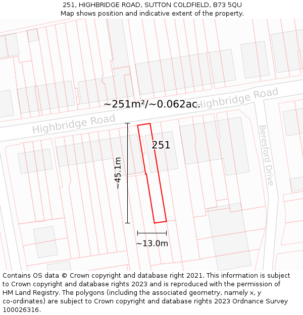 251, HIGHBRIDGE ROAD, SUTTON COLDFIELD, B73 5QU: Plot and title map