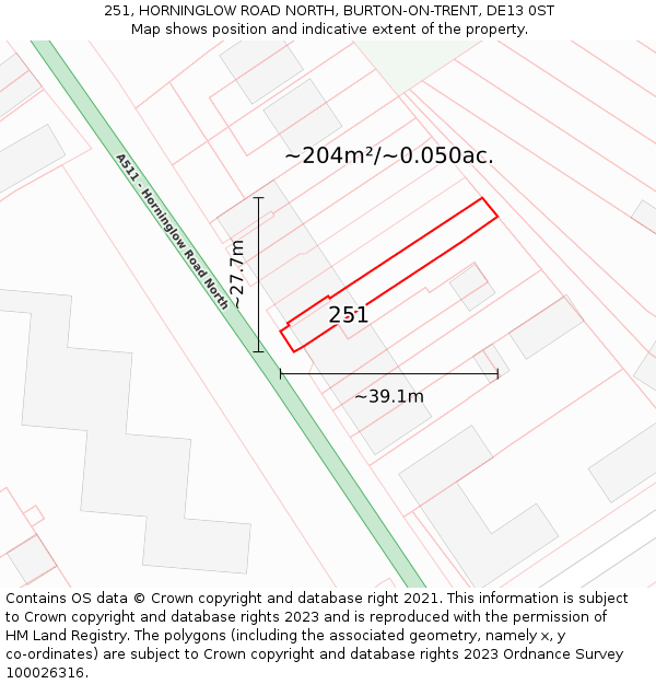 251, HORNINGLOW ROAD NORTH, BURTON-ON-TRENT, DE13 0ST: Plot and title map
