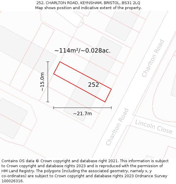 252, CHARLTON ROAD, KEYNSHAM, BRISTOL, BS31 2LQ: Plot and title map