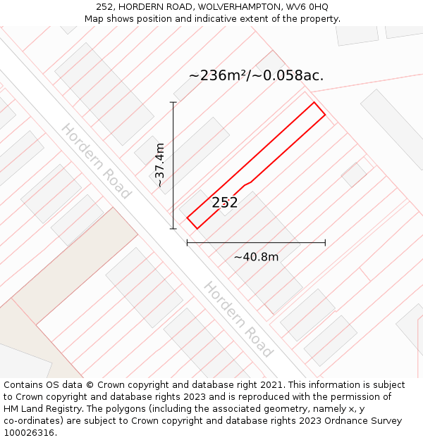 252, HORDERN ROAD, WOLVERHAMPTON, WV6 0HQ: Plot and title map