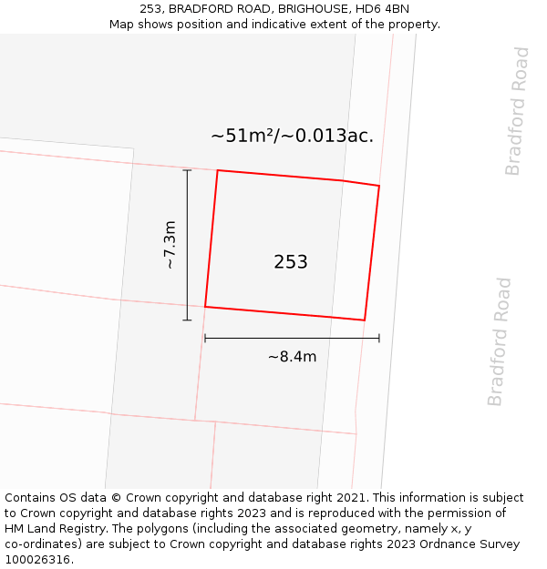 253, BRADFORD ROAD, BRIGHOUSE, HD6 4BN: Plot and title map
