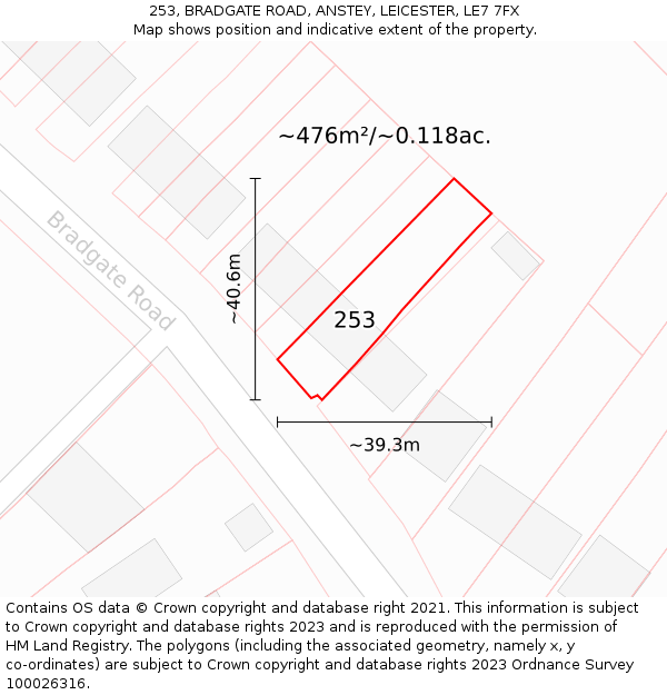 253, BRADGATE ROAD, ANSTEY, LEICESTER, LE7 7FX: Plot and title map