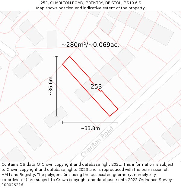 253, CHARLTON ROAD, BRENTRY, BRISTOL, BS10 6JS: Plot and title map