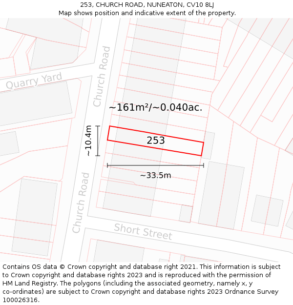253, CHURCH ROAD, NUNEATON, CV10 8LJ: Plot and title map