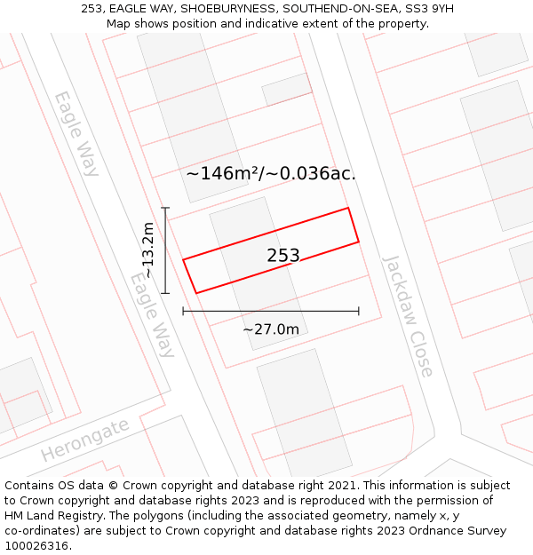 253, EAGLE WAY, SHOEBURYNESS, SOUTHEND-ON-SEA, SS3 9YH: Plot and title map