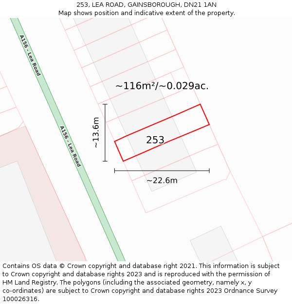 253, LEA ROAD, GAINSBOROUGH, DN21 1AN: Plot and title map
