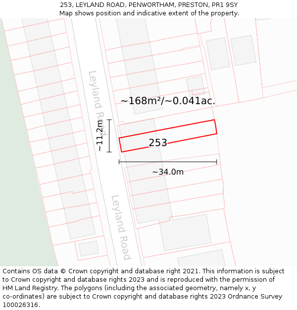 253, LEYLAND ROAD, PENWORTHAM, PRESTON, PR1 9SY: Plot and title map