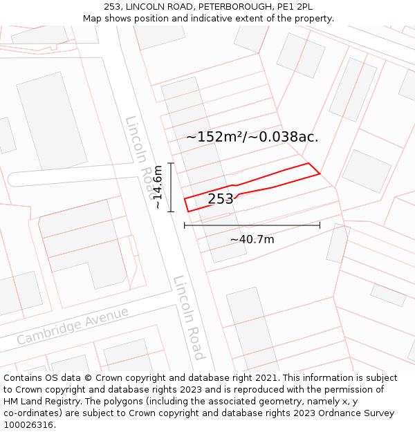 253, LINCOLN ROAD, PETERBOROUGH, PE1 2PL: Plot and title map