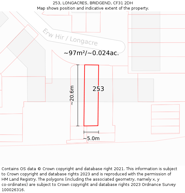 253, LONGACRES, BRIDGEND, CF31 2DH: Plot and title map