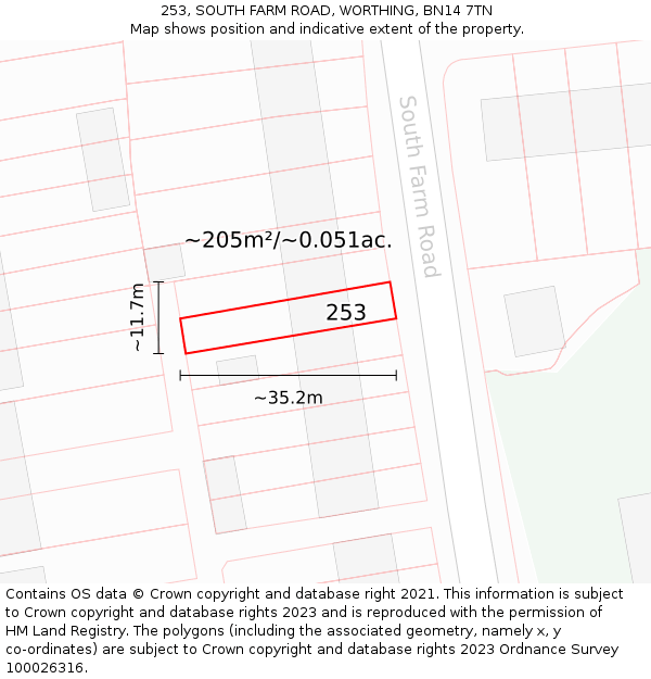 253, SOUTH FARM ROAD, WORTHING, BN14 7TN: Plot and title map