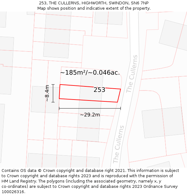 253, THE CULLERNS, HIGHWORTH, SWINDON, SN6 7NP: Plot and title map