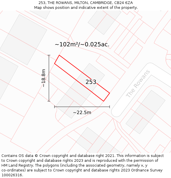 253, THE ROWANS, MILTON, CAMBRIDGE, CB24 6ZA: Plot and title map