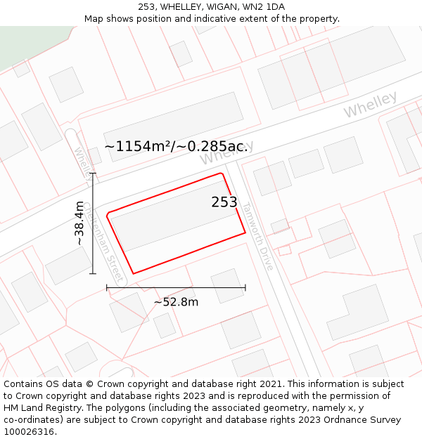 253, WHELLEY, WIGAN, WN2 1DA: Plot and title map