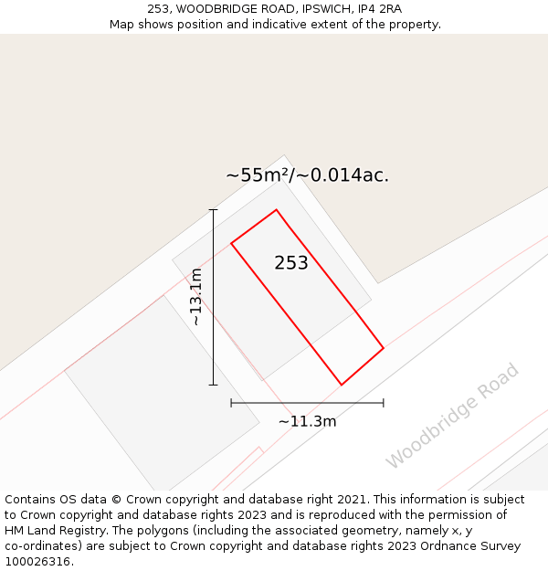 253, WOODBRIDGE ROAD, IPSWICH, IP4 2RA: Plot and title map