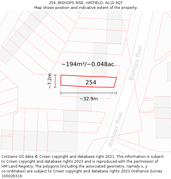254, BISHOPS RISE, HATFIELD, AL10 9QT: Plot and title map