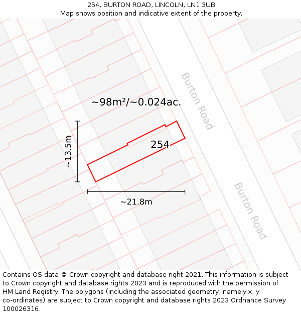254, BURTON ROAD, LINCOLN, LN1 3UB: Plot and title map