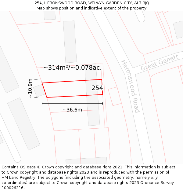 254, HERONSWOOD ROAD, WELWYN GARDEN CITY, AL7 3JQ: Plot and title map
