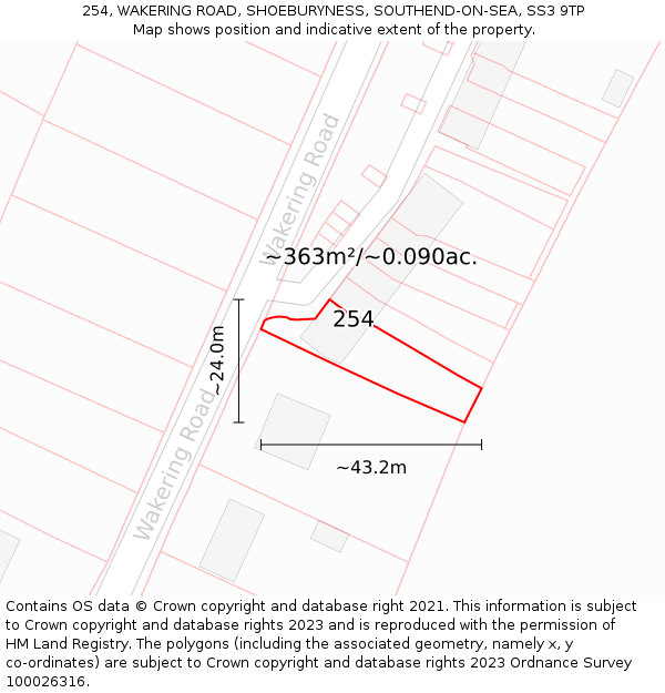 254, WAKERING ROAD, SHOEBURYNESS, SOUTHEND-ON-SEA, SS3 9TP: Plot and title map