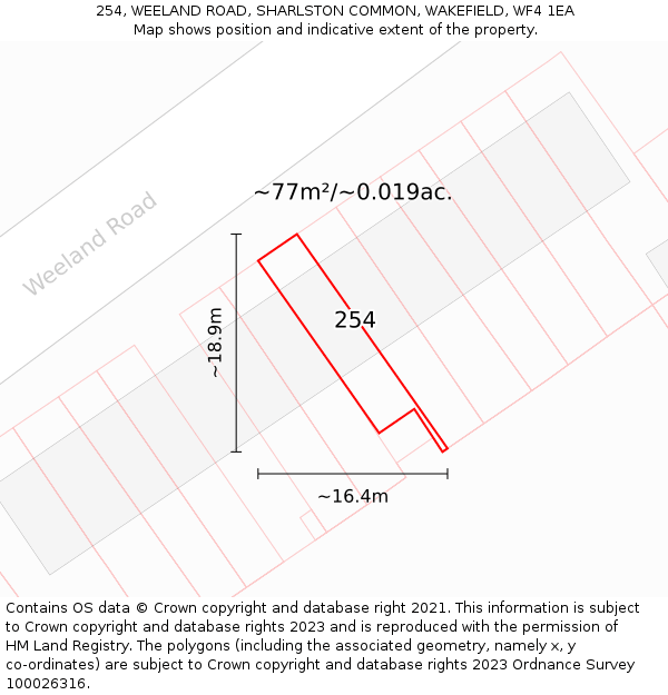 254, WEELAND ROAD, SHARLSTON COMMON, WAKEFIELD, WF4 1EA: Plot and title map