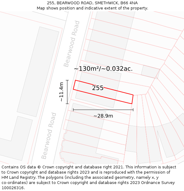 255, BEARWOOD ROAD, SMETHWICK, B66 4NA: Plot and title map