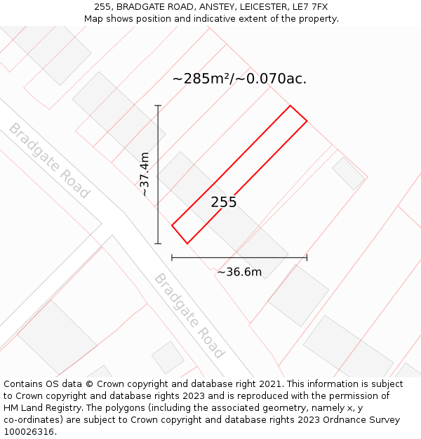 255, BRADGATE ROAD, ANSTEY, LEICESTER, LE7 7FX: Plot and title map