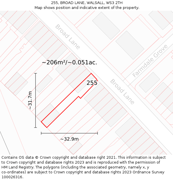255, BROAD LANE, WALSALL, WS3 2TH: Plot and title map