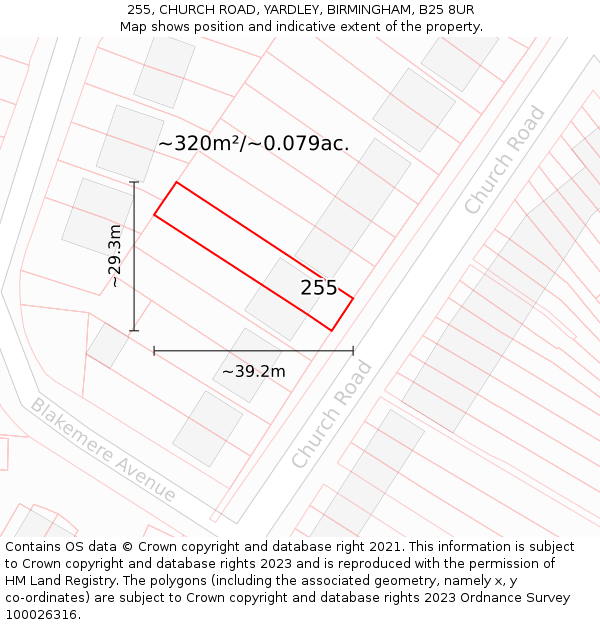 255, CHURCH ROAD, YARDLEY, BIRMINGHAM, B25 8UR: Plot and title map