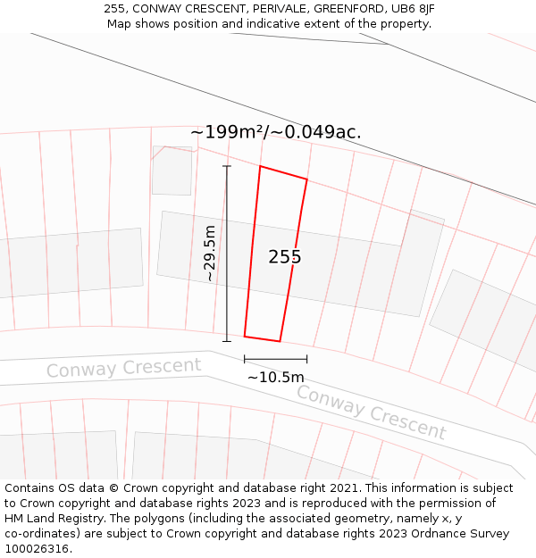 255, CONWAY CRESCENT, PERIVALE, GREENFORD, UB6 8JF: Plot and title map