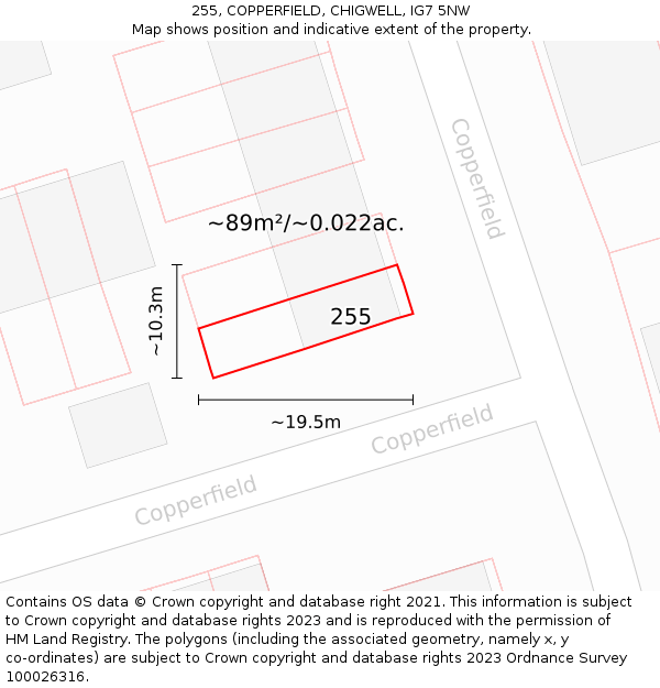 255, COPPERFIELD, CHIGWELL, IG7 5NW: Plot and title map