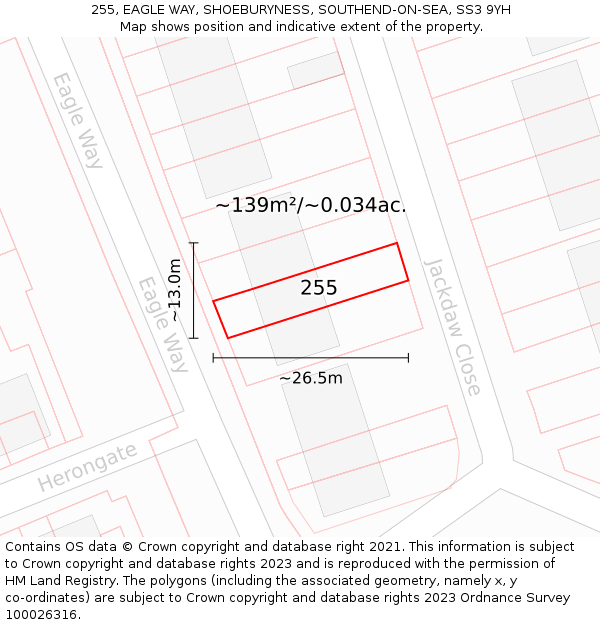 255, EAGLE WAY, SHOEBURYNESS, SOUTHEND-ON-SEA, SS3 9YH: Plot and title map