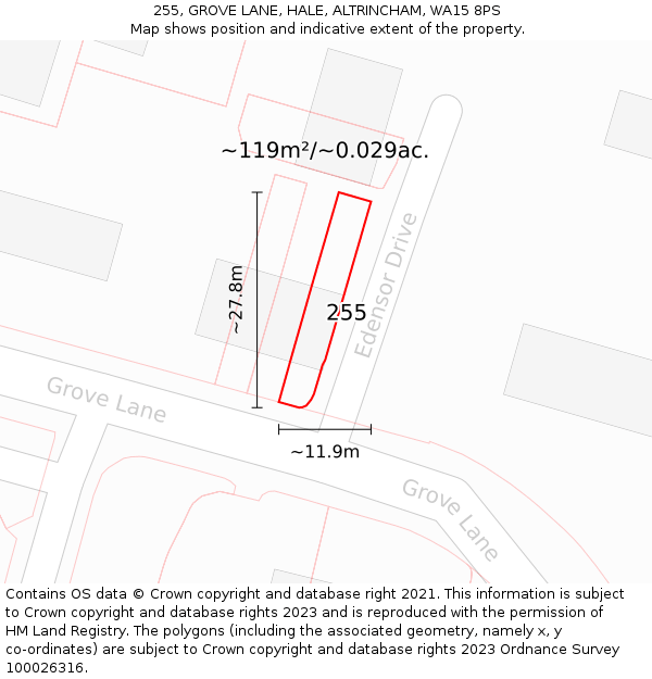 255, GROVE LANE, HALE, ALTRINCHAM, WA15 8PS: Plot and title map