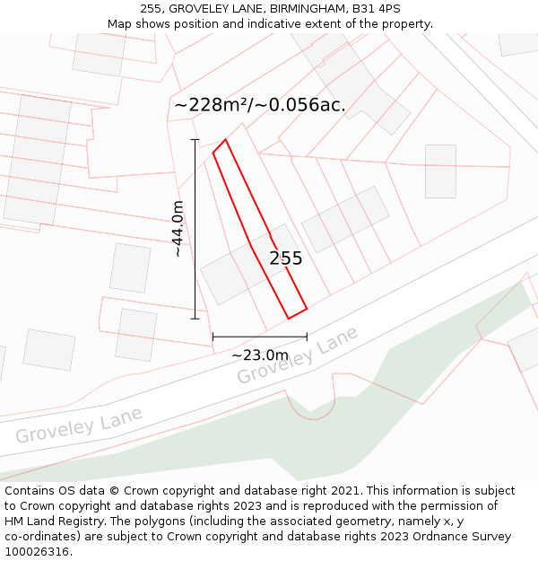 255, GROVELEY LANE, BIRMINGHAM, B31 4PS: Plot and title map
