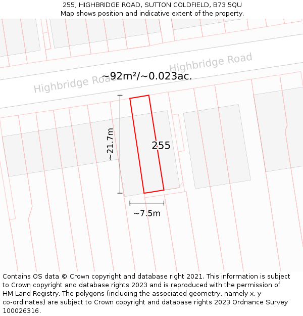 255, HIGHBRIDGE ROAD, SUTTON COLDFIELD, B73 5QU: Plot and title map
