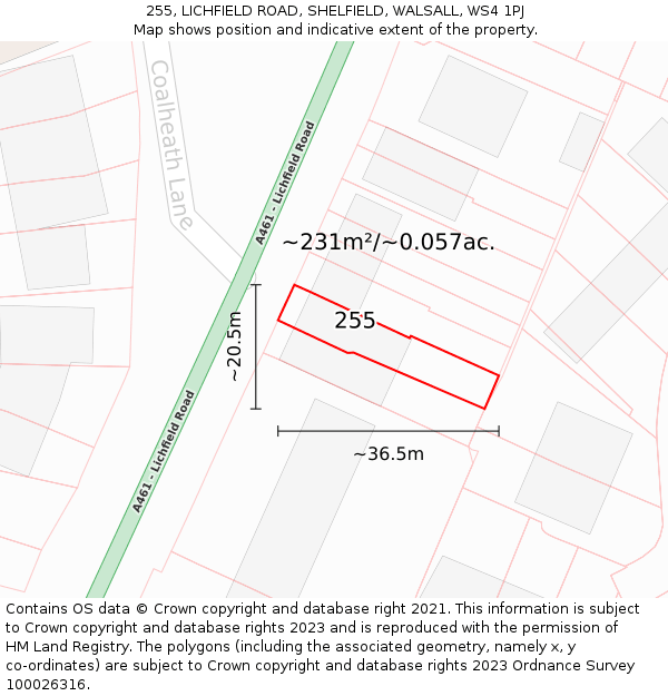 255, LICHFIELD ROAD, SHELFIELD, WALSALL, WS4 1PJ: Plot and title map