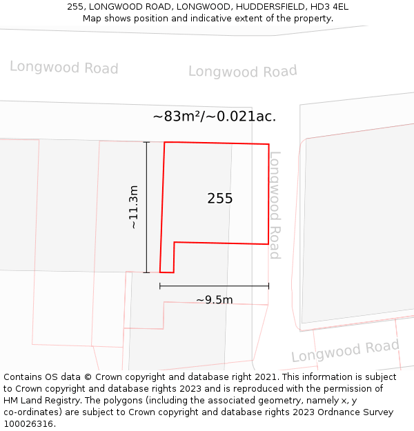 255, LONGWOOD ROAD, LONGWOOD, HUDDERSFIELD, HD3 4EL: Plot and title map