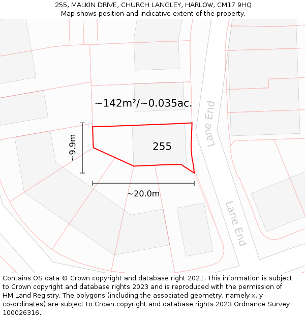 255, MALKIN DRIVE, CHURCH LANGLEY, HARLOW, CM17 9HQ: Plot and title map