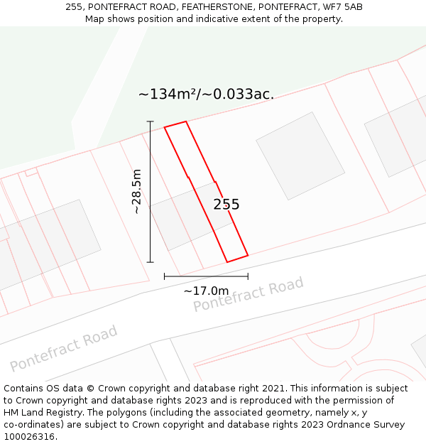 255, PONTEFRACT ROAD, FEATHERSTONE, PONTEFRACT, WF7 5AB: Plot and title map