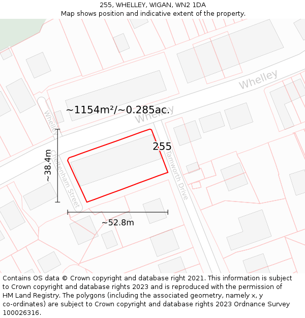 255, WHELLEY, WIGAN, WN2 1DA: Plot and title map