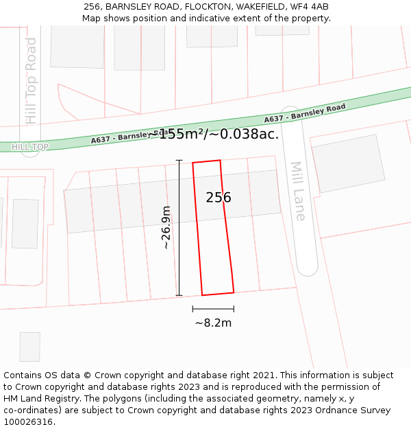 256, BARNSLEY ROAD, FLOCKTON, WAKEFIELD, WF4 4AB: Plot and title map