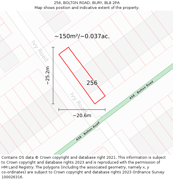 256, BOLTON ROAD, BURY, BL8 2PA: Plot and title map