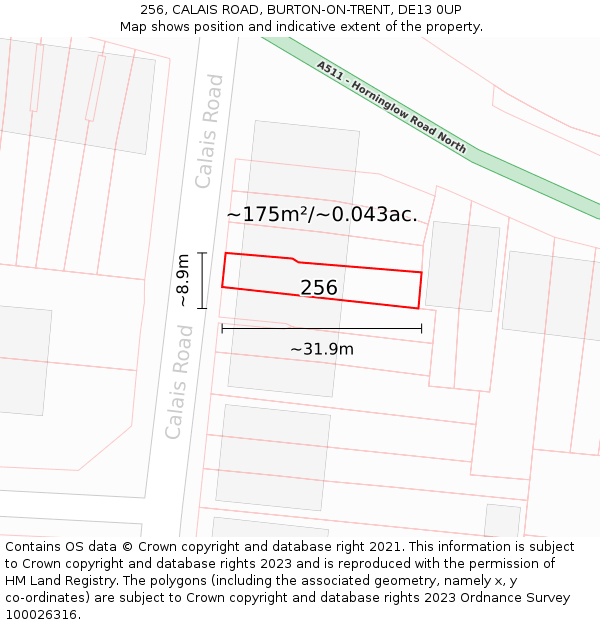 256, CALAIS ROAD, BURTON-ON-TRENT, DE13 0UP: Plot and title map