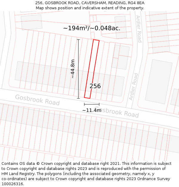 256, GOSBROOK ROAD, CAVERSHAM, READING, RG4 8EA: Plot and title map