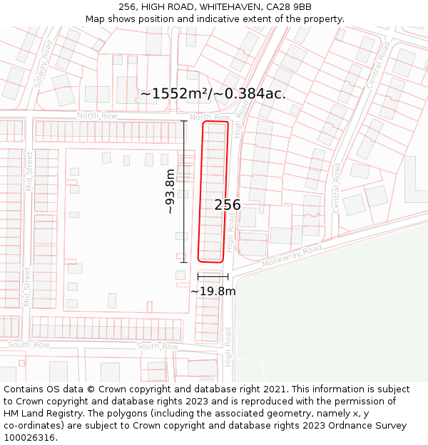 256, HIGH ROAD, WHITEHAVEN, CA28 9BB: Plot and title map