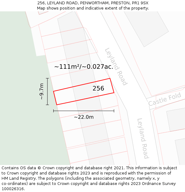 256, LEYLAND ROAD, PENWORTHAM, PRESTON, PR1 9SX: Plot and title map