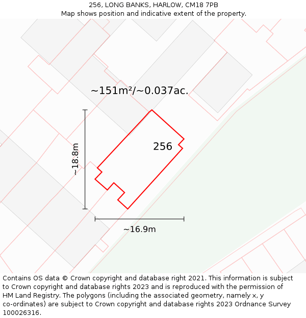256, LONG BANKS, HARLOW, CM18 7PB: Plot and title map
