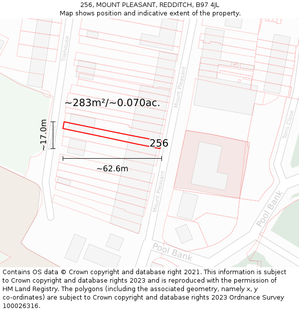 256, MOUNT PLEASANT, REDDITCH, B97 4JL: Plot and title map