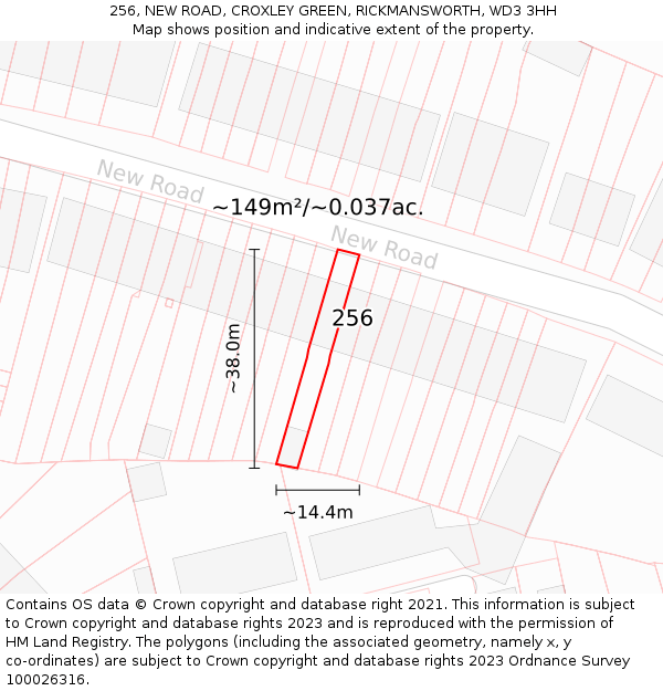 256, NEW ROAD, CROXLEY GREEN, RICKMANSWORTH, WD3 3HH: Plot and title map