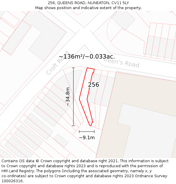 256, QUEENS ROAD, NUNEATON, CV11 5LY: Plot and title map